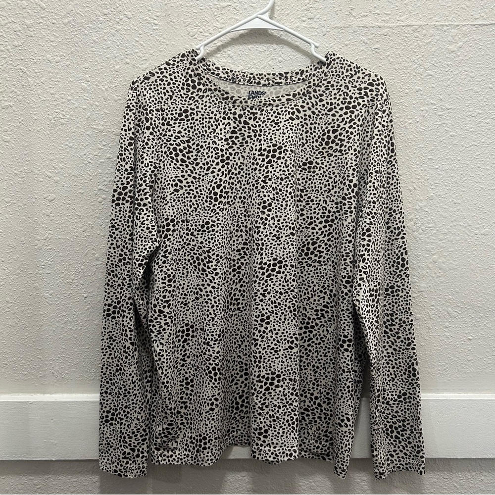 Lands' End Cream and Brown Leopard Print Cotton Long Sleeve Top Large